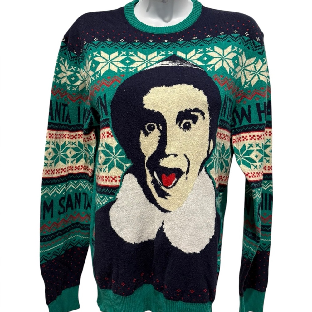 BUDDY THE ELF I Know Him Santa Christmas Holiday Sweater Crew Neck Size Medium